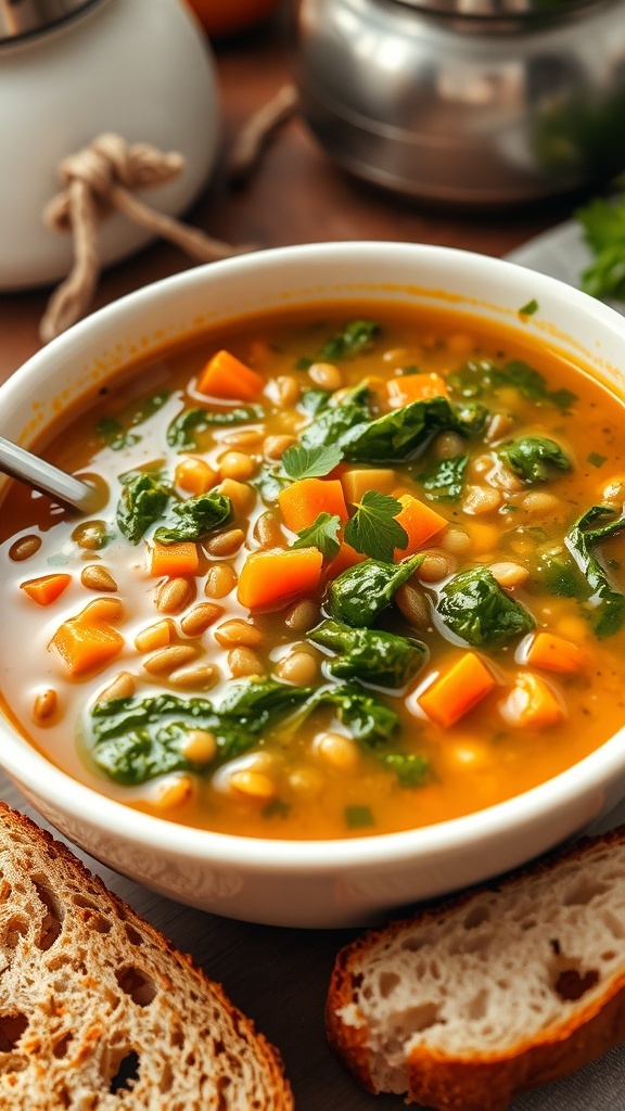 A hearty bowl of lentil soup with spinach and carrots, garnished with herbs, alongside a slice of bread.